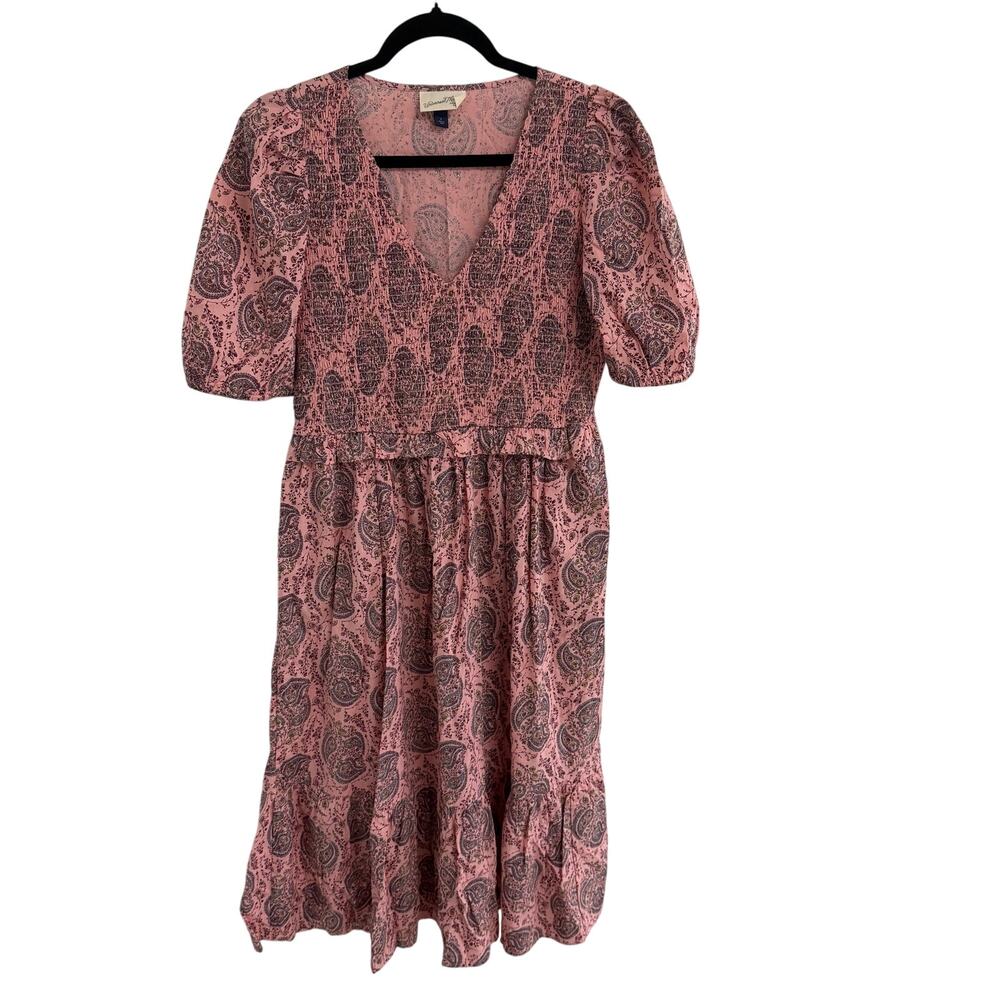 Universal Thread Pink Paisley Smocked Puff Sleeve Tiered Midi Dress Size Small